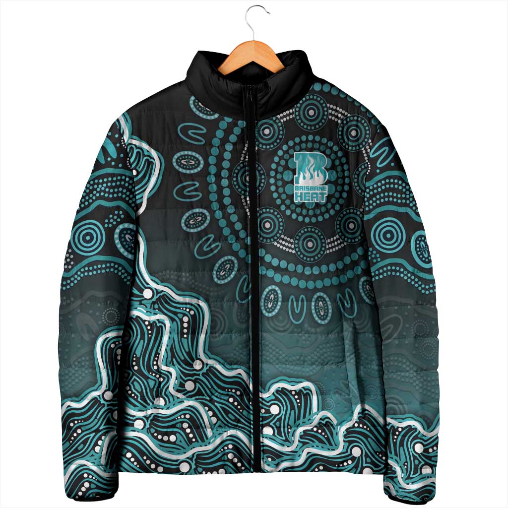 Brisbane Heat Cricket Mascot Padded Jacket Aboriginal Dot Art Cyan And Black Tribal Pattern