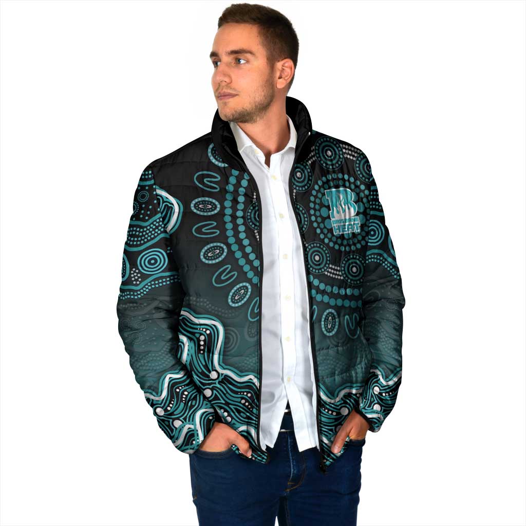 Brisbane Heat Cricket Mascot Padded Jacket Aboriginal Dot Art Cyan And Black Tribal Pattern