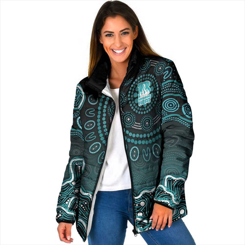 Brisbane Heat Cricket Mascot Padded Jacket Aboriginal Dot Art Cyan And Black Tribal Pattern