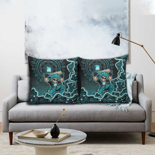 Brisbane Heat Cricket Mascot Pillow Cover Aboriginal Dot Art Cyan And Black Tribal Pattern