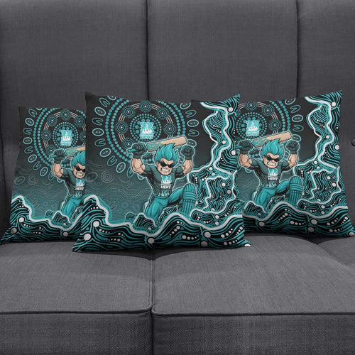 Brisbane Heat Cricket Mascot Pillow Cover Aboriginal Dot Art Cyan And Black Tribal Pattern