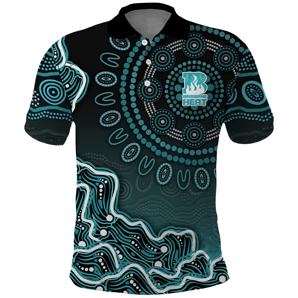 Brisbane Heat Cricket Mascot Polo Shirt Aboriginal Dot Art Cyan And Black Tribal Pattern