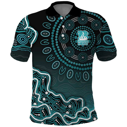 Brisbane Heat Cricket Mascot Polo Shirt Aboriginal Dot Art Cyan And Black Tribal Pattern