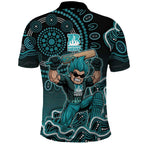 Brisbane Heat Cricket Mascot Polo Shirt Aboriginal Dot Art Cyan And Black Tribal Pattern