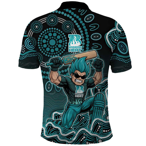 Brisbane Heat Cricket Mascot Polo Shirt Aboriginal Dot Art Cyan And Black Tribal Pattern