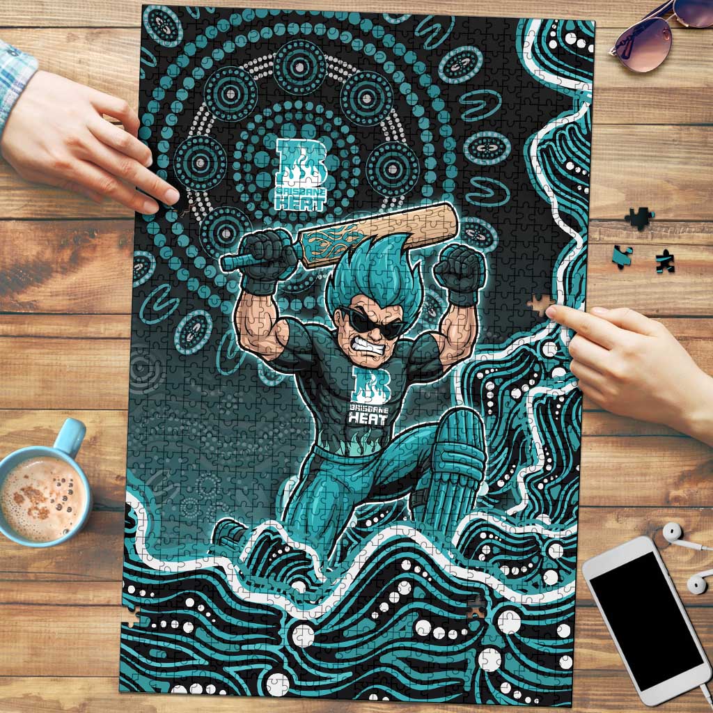 Brisbane Heat Cricket Mascot Puzzle Aboriginal Dot Art Cyan And Black Tribal Pattern