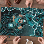 Brisbane Heat Cricket Mascot Puzzle Aboriginal Dot Art Cyan And Black Tribal Pattern