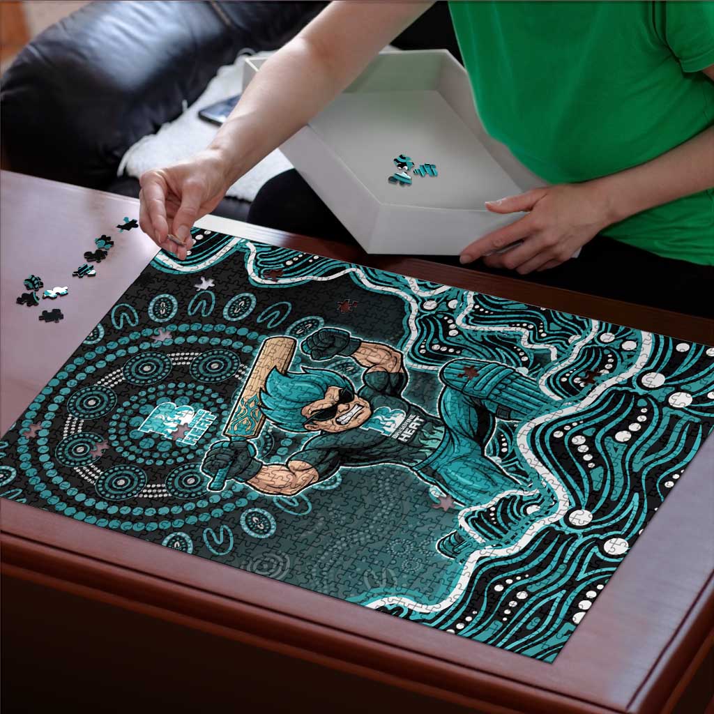 Brisbane Heat Cricket Mascot Puzzle Aboriginal Dot Art Cyan And Black Tribal Pattern