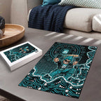 Brisbane Heat Cricket Mascot Puzzle Aboriginal Dot Art Cyan And Black Tribal Pattern