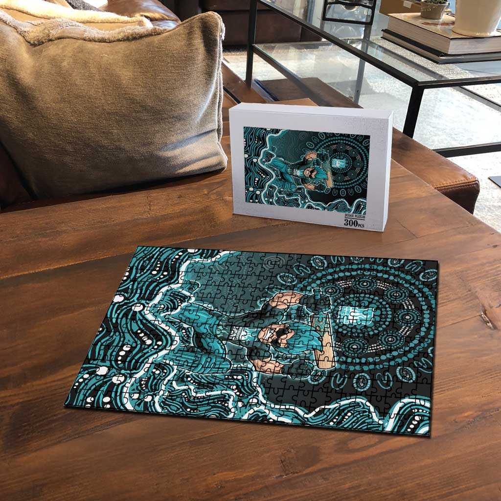 Brisbane Heat Cricket Mascot Puzzle Aboriginal Dot Art Cyan And Black Tribal Pattern