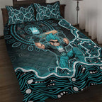 Brisbane Heat Cricket Mascot Quilt Bed Set Aboriginal Dot Art Cyan And Black Tribal Pattern