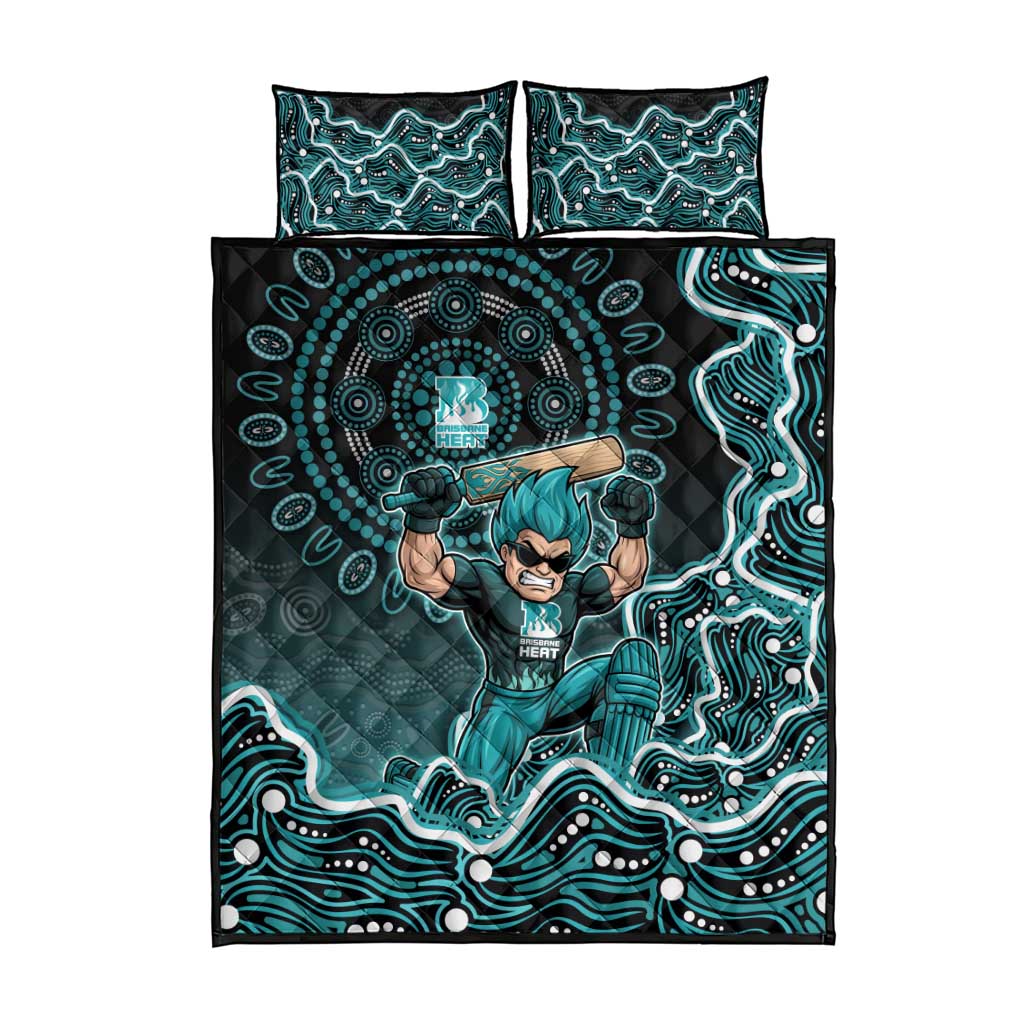 Brisbane Heat Cricket Mascot Quilt Bed Set Aboriginal Dot Art Cyan And Black Tribal Pattern