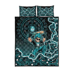 Brisbane Heat Cricket Mascot Quilt Bed Set Aboriginal Dot Art Cyan And Black Tribal Pattern