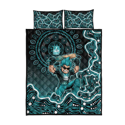 Brisbane Heat Cricket Mascot Quilt Bed Set Aboriginal Dot Art Cyan And Black Tribal Pattern