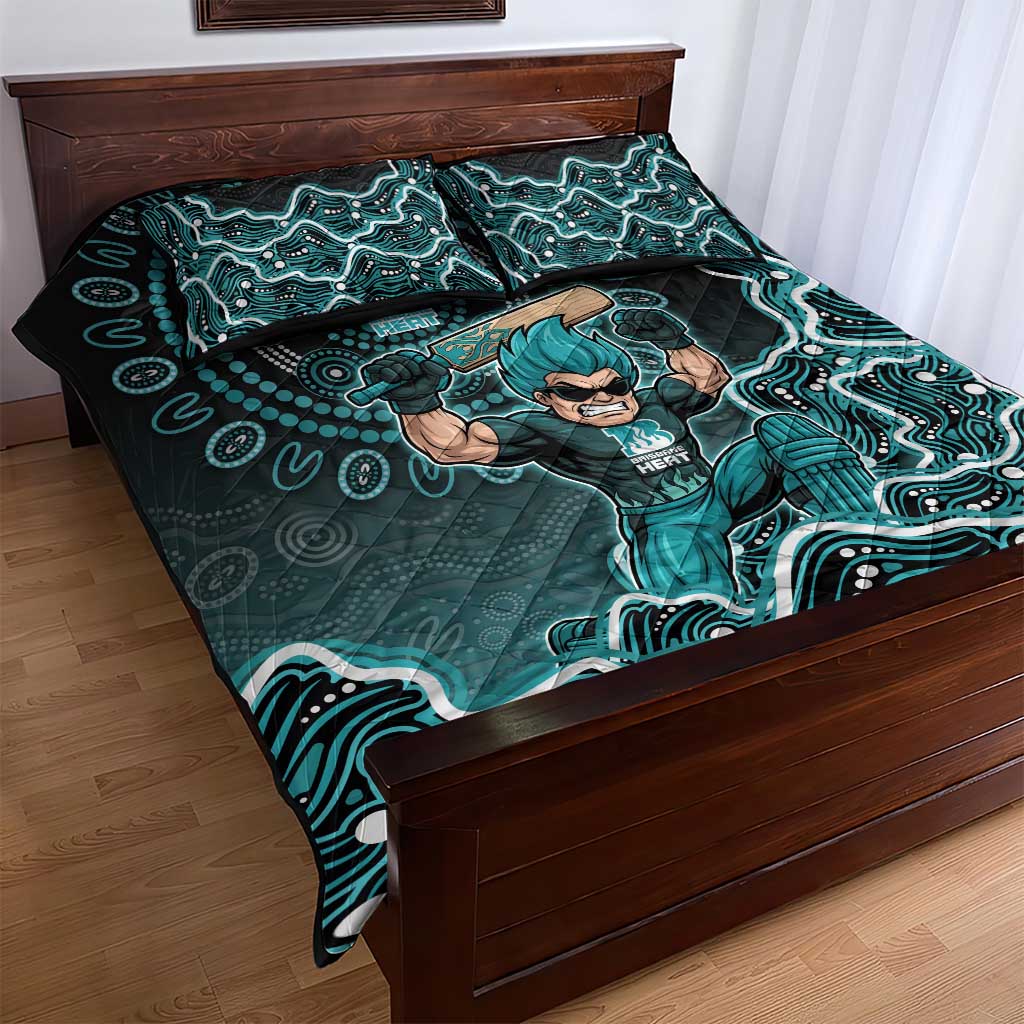 Brisbane Heat Cricket Mascot Quilt Bed Set Aboriginal Dot Art Cyan And Black Tribal Pattern