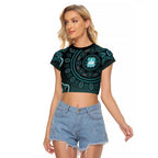 Brisbane Heat Cricket Mascot Raglan Cropped T Shirt Aboriginal Dot Art Cyan And Black Tribal Pattern