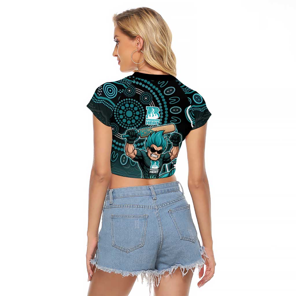 Brisbane Heat Cricket Mascot Raglan Cropped T Shirt Aboriginal Dot Art Cyan And Black Tribal Pattern