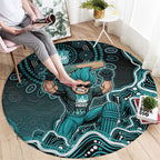Brisbane Heat Cricket Mascot Round Carpet Aboriginal Dot Art Cyan And Black Tribal Pattern