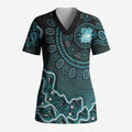 Brisbane Heat Cricket Mascot Scrub Top Aboriginal Dot Art Cyan And Black Tribal Pattern