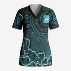 Brisbane Heat Cricket Mascot Scrub Top Aboriginal Dot Art Cyan And Black Tribal Pattern