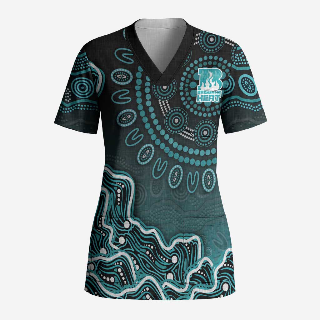 Brisbane Heat Cricket Mascot Scrub Top Aboriginal Dot Art Cyan And Black Tribal Pattern