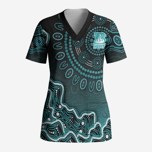 Brisbane Heat Cricket Mascot Scrub Top Aboriginal Dot Art Cyan And Black Tribal Pattern