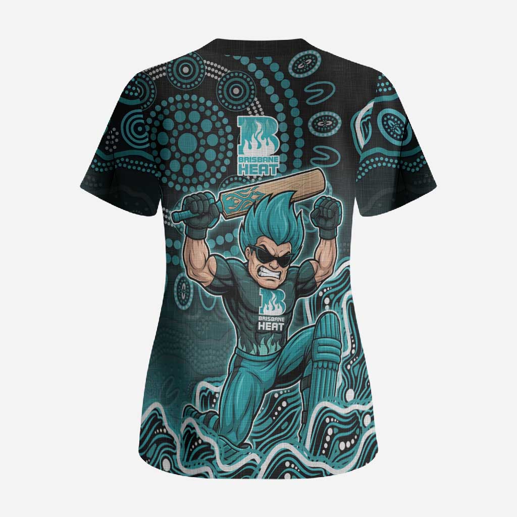 Brisbane Heat Cricket Mascot Scrub Top Aboriginal Dot Art Cyan And Black Tribal Pattern