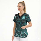 Brisbane Heat Cricket Mascot Scrub Top Aboriginal Dot Art Cyan And Black Tribal Pattern