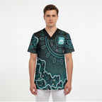 Brisbane Heat Cricket Mascot Scrub Top Aboriginal Dot Art Cyan And Black Tribal Pattern