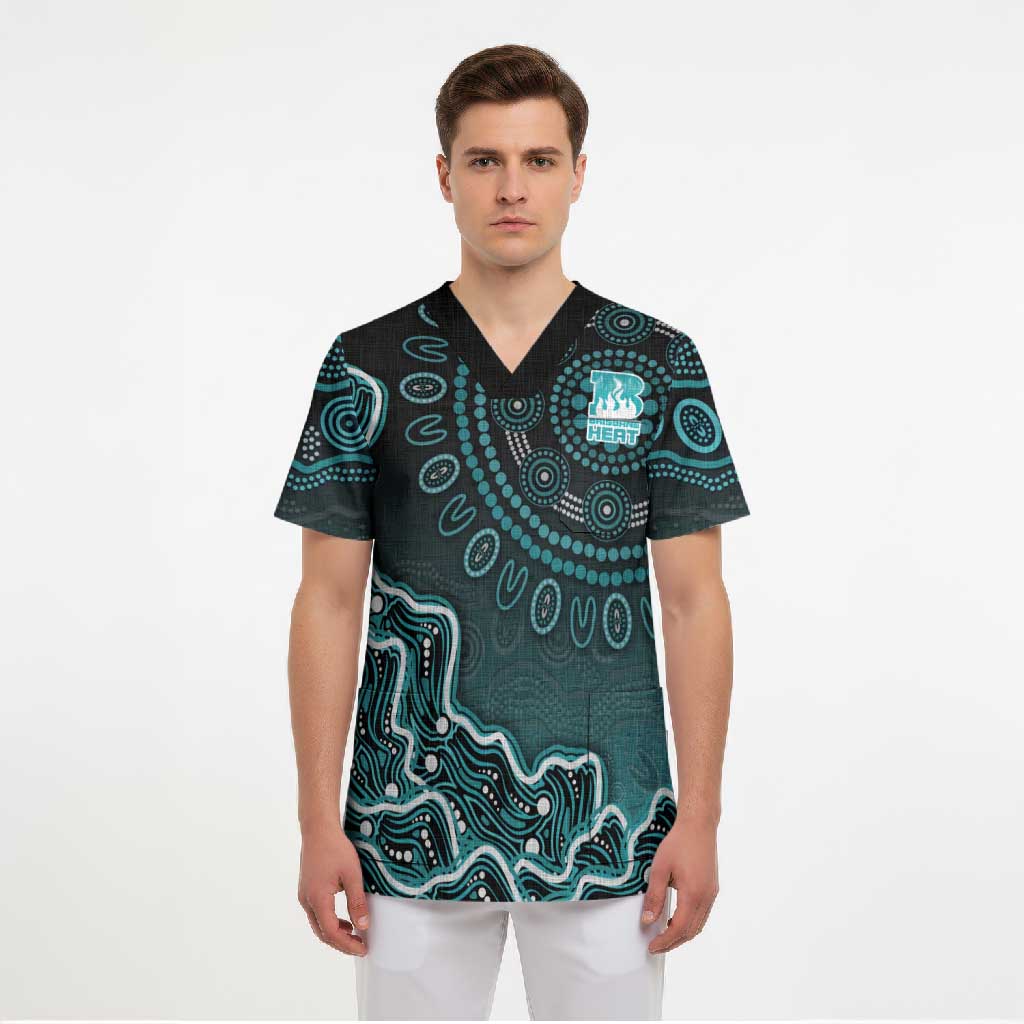 Brisbane Heat Cricket Mascot Scrub Top Aboriginal Dot Art Cyan And Black Tribal Pattern