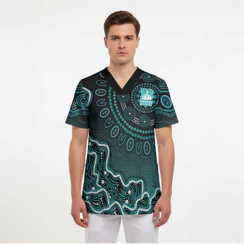 Brisbane Heat Cricket Mascot Scrub Top Aboriginal Dot Art Cyan And Black Tribal Pattern