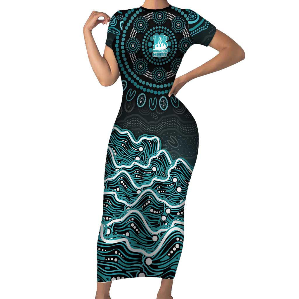 Brisbane Heat Cricket Mascot Short Sleeve Bodycon Dress Aboriginal Dot Art Cyan And Black Tribal Pattern