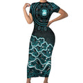 Brisbane Heat Cricket Mascot Short Sleeve Bodycon Dress Aboriginal Dot Art Cyan And Black Tribal Pattern