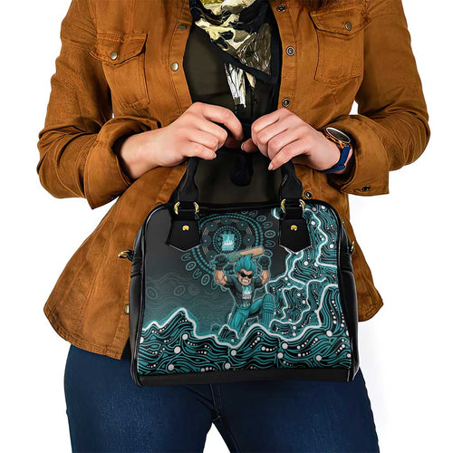 Brisbane Heat Cricket Mascot Shoulder Handbag Aboriginal Dot Art Cyan And Black Tribal Pattern