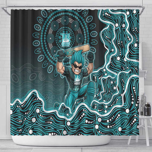 Brisbane Heat Cricket Mascot Shower Curtain Aboriginal Dot Art Cyan And Black Tribal Pattern