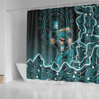 Brisbane Heat Cricket Mascot Shower Curtain Aboriginal Dot Art Cyan And Black Tribal Pattern