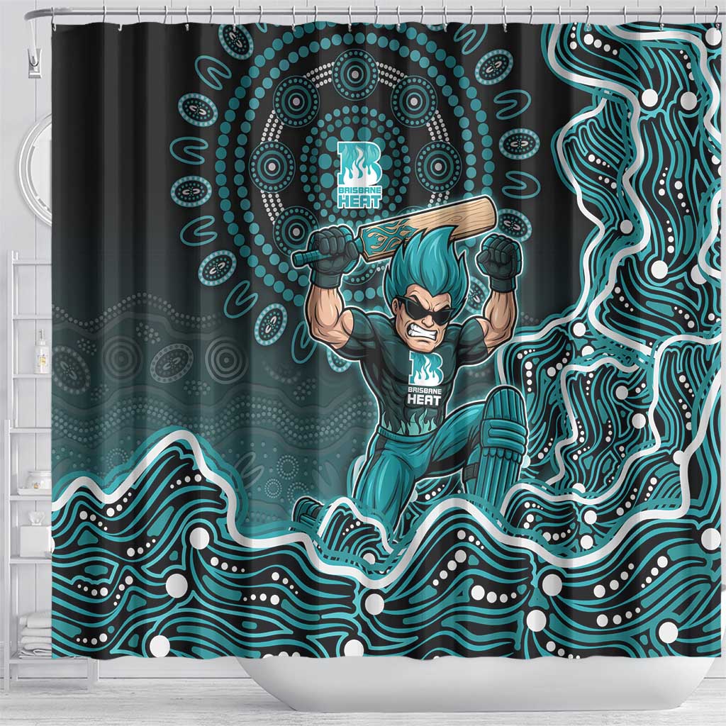Brisbane Heat Cricket Mascot Shower Curtain Aboriginal Dot Art Cyan And Black Tribal Pattern