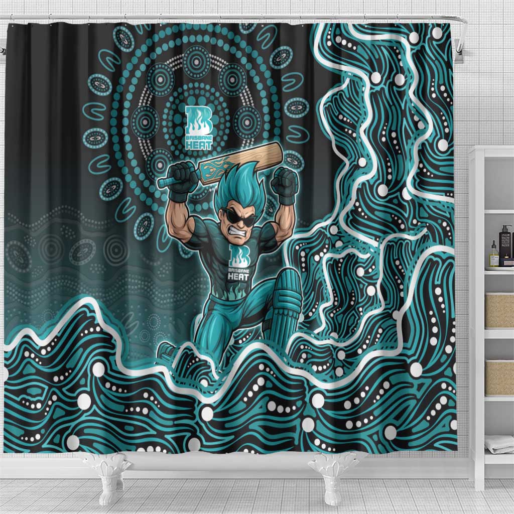 Brisbane Heat Cricket Mascot Shower Curtain Aboriginal Dot Art Cyan And Black Tribal Pattern