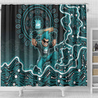 Brisbane Heat Cricket Mascot Shower Curtain Aboriginal Dot Art Cyan And Black Tribal Pattern