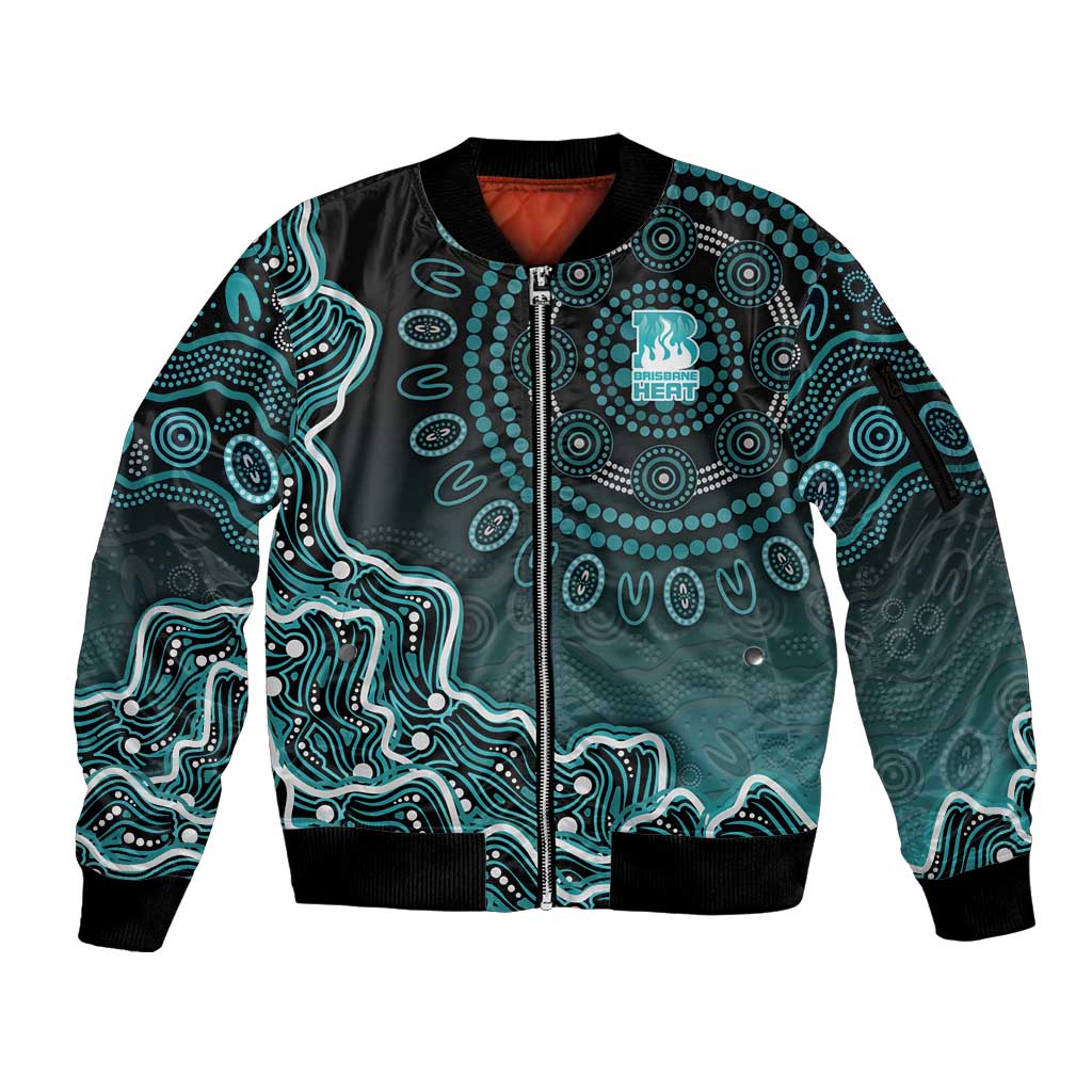Brisbane Heat Cricket Mascot Sleeve Zip Bomber Jacket Aboriginal Dot Art Cyan And Black Tribal Pattern