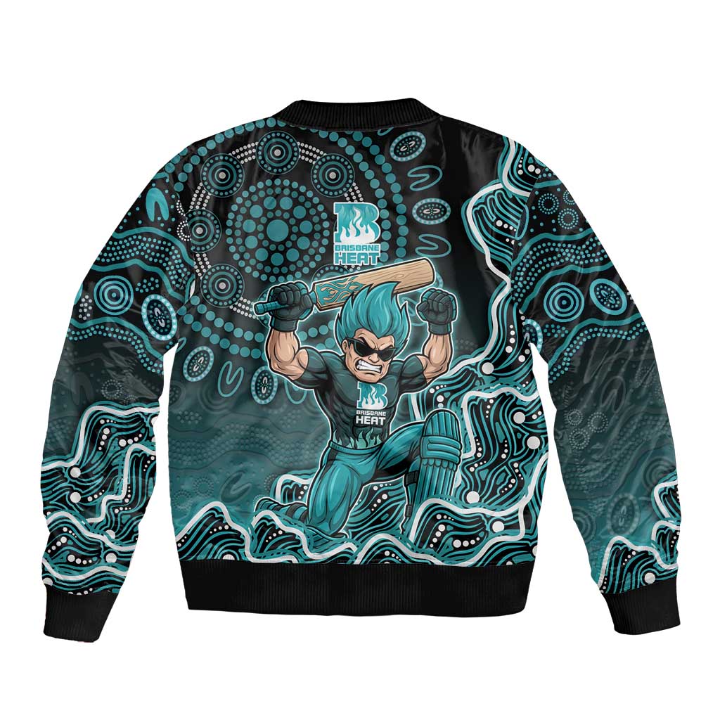 Brisbane Heat Cricket Mascot Sleeve Zip Bomber Jacket Aboriginal Dot Art Cyan And Black Tribal Pattern