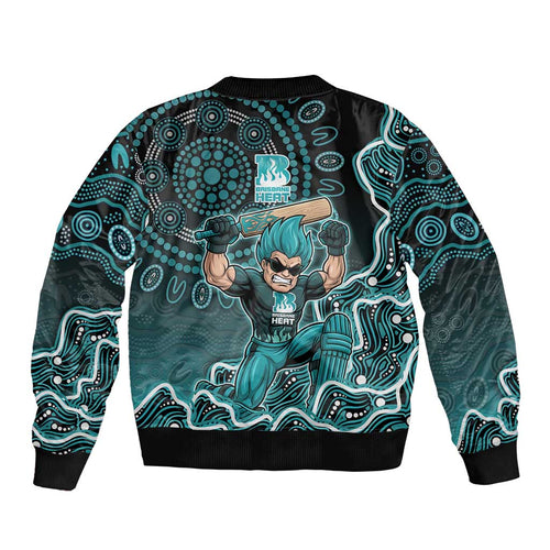 Brisbane Heat Cricket Mascot Sleeve Zip Bomber Jacket Aboriginal Dot Art Cyan And Black Tribal Pattern