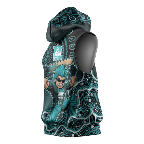 Brisbane Heat Cricket Mascot Sleeveless Hoodie Aboriginal Dot Art Cyan And Black Tribal Pattern