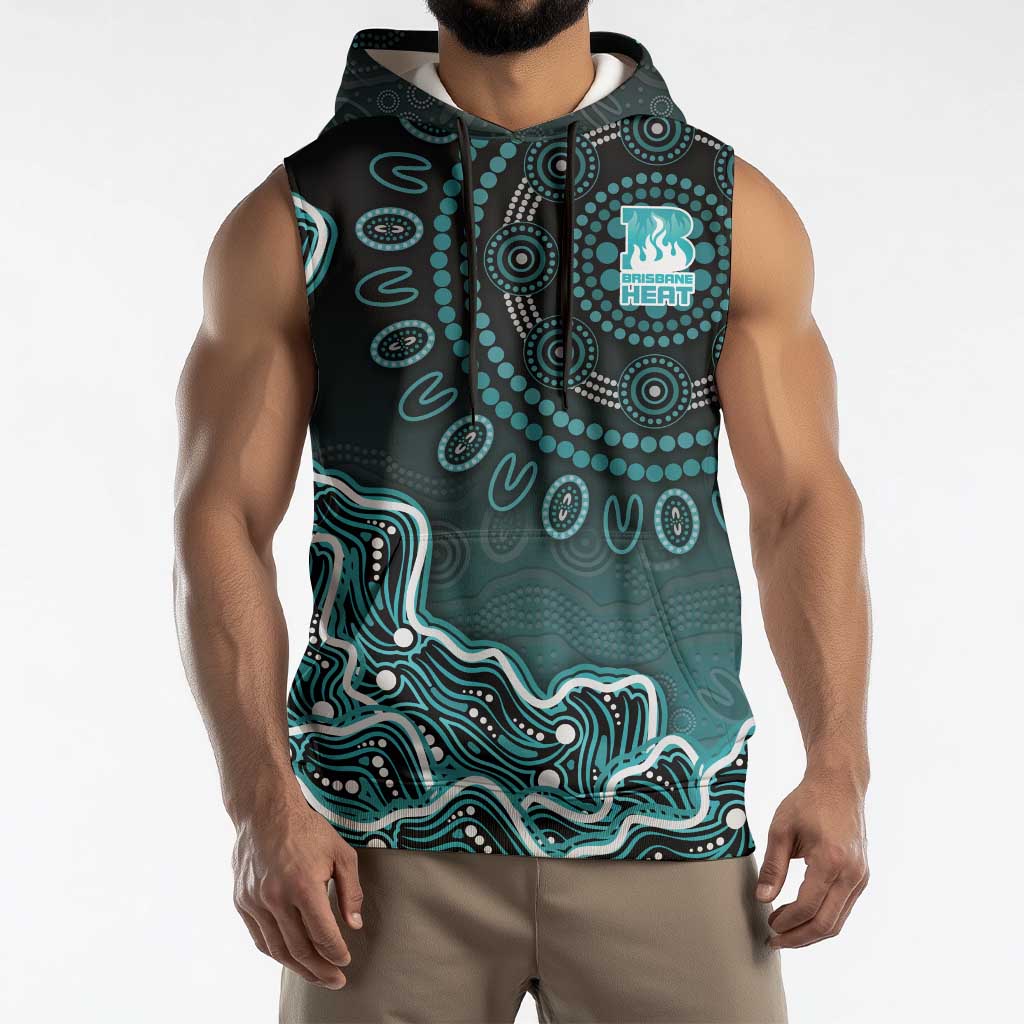 Brisbane Heat Cricket Mascot Sleeveless Hoodie Aboriginal Dot Art Cyan And Black Tribal Pattern