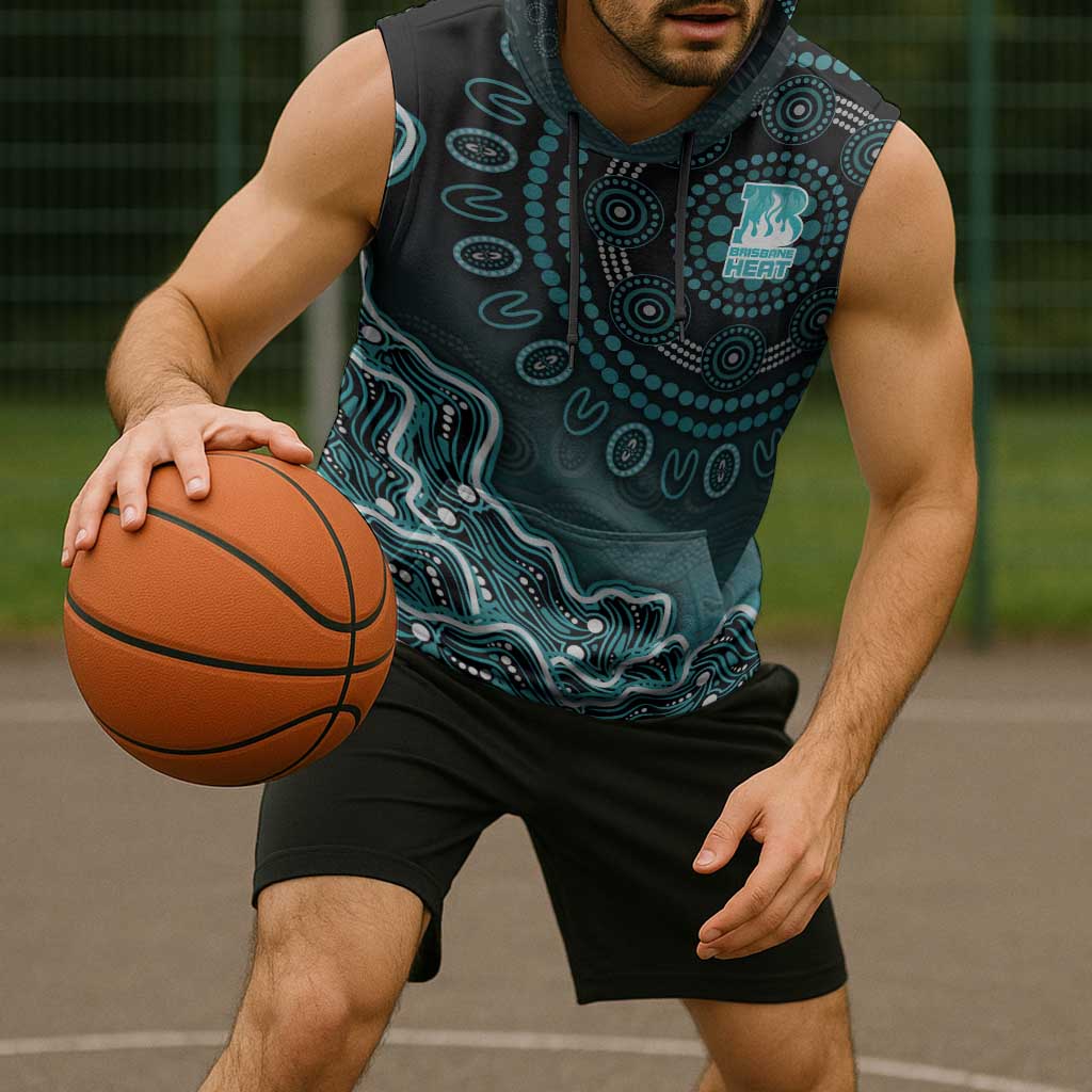 Brisbane Heat Cricket Mascot Sleeveless Hoodie Aboriginal Dot Art Cyan And Black Tribal Pattern