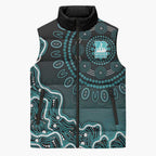Brisbane Heat Cricket Mascot Sleeveless Puffer Jacket Aboriginal Dot Art Cyan And Black Tribal Pattern