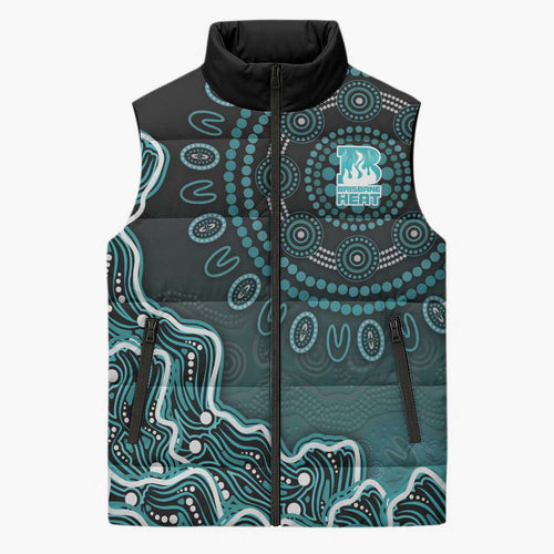 Brisbane Heat Cricket Mascot Sleeveless Puffer Jacket Aboriginal Dot Art Cyan And Black Tribal Pattern