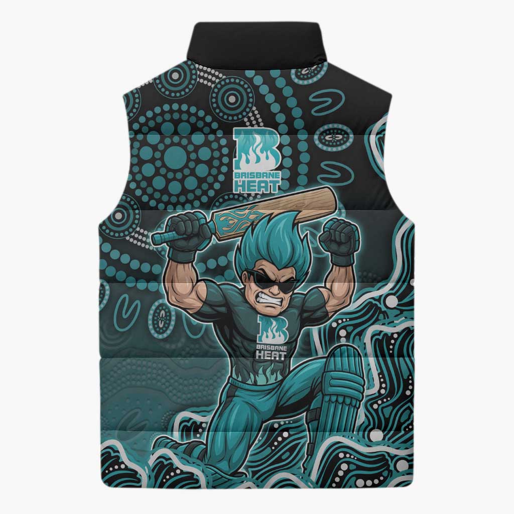 Brisbane Heat Cricket Mascot Sleeveless Puffer Jacket Aboriginal Dot Art Cyan And Black Tribal Pattern