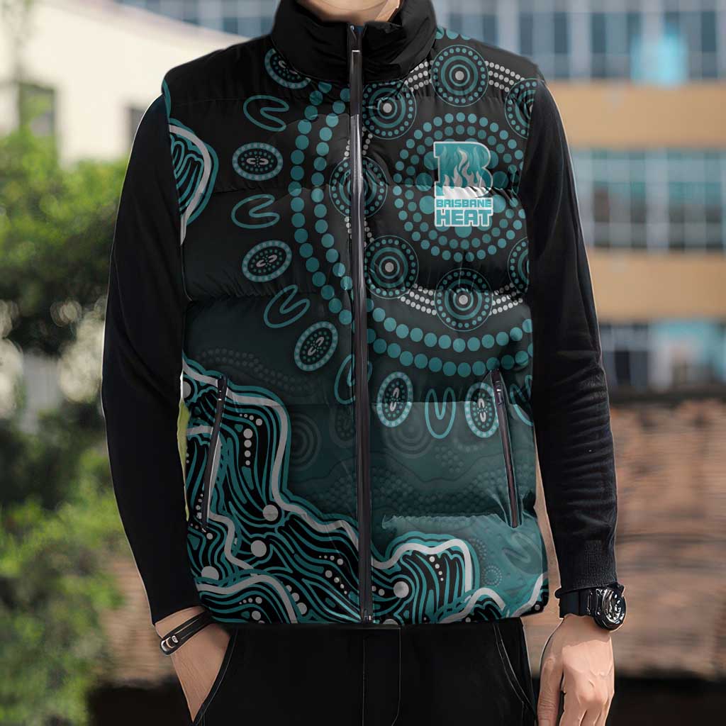 Brisbane Heat Cricket Mascot Sleeveless Puffer Jacket Aboriginal Dot Art Cyan And Black Tribal Pattern