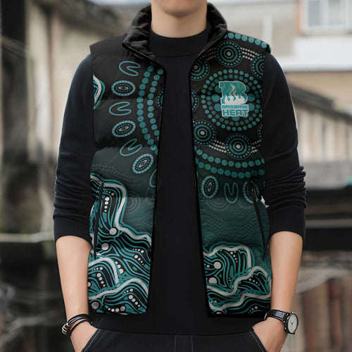 Brisbane Heat Cricket Mascot Sleeveless Puffer Jacket Aboriginal Dot Art Cyan And Black Tribal Pattern